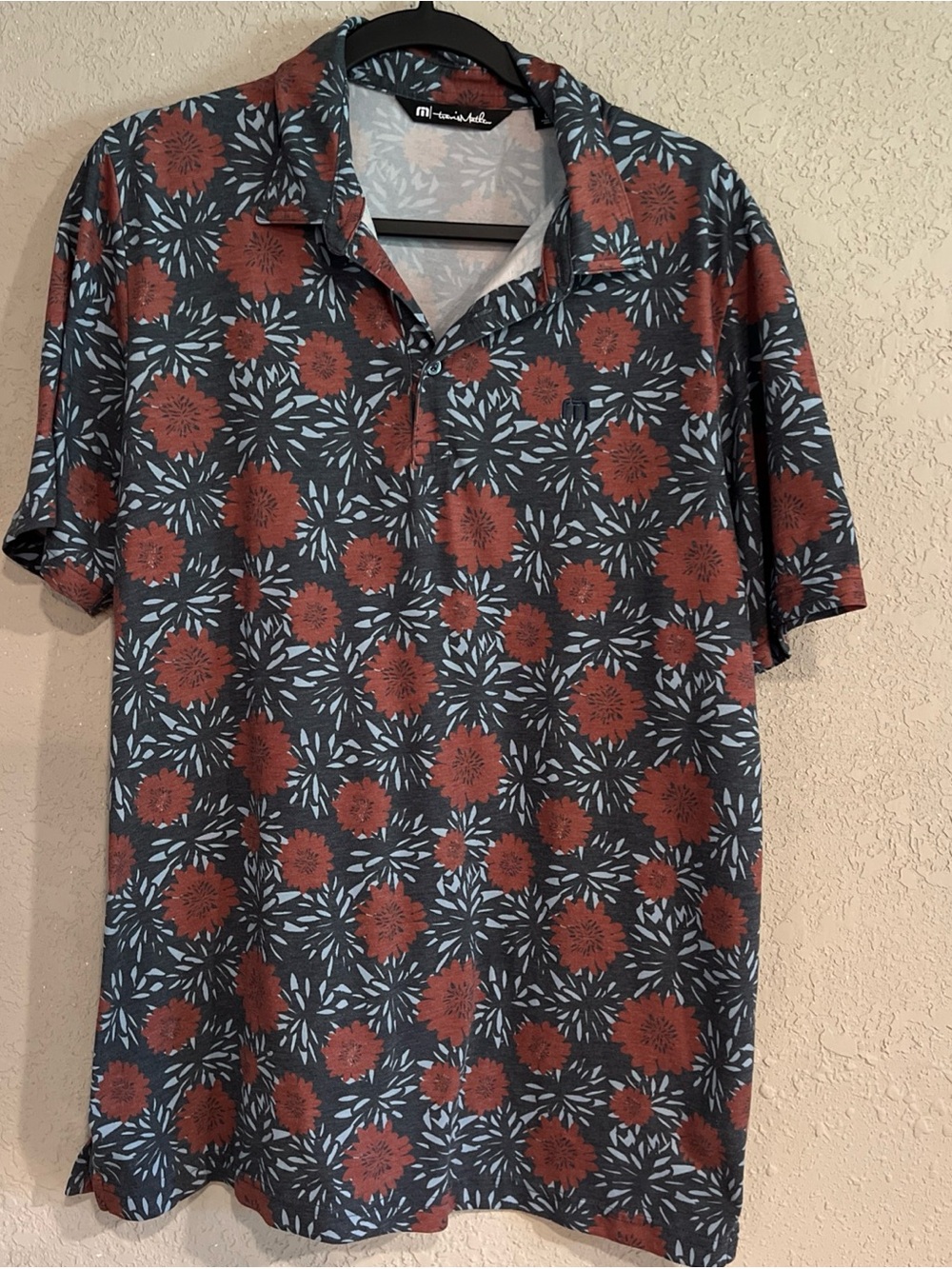 Travis Mathew Floral Polo - Slate Blue & Rust Sz Large Scenic Pass Golf Perform
